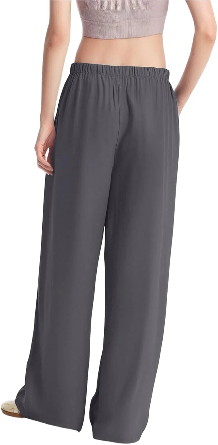 Women's Summer Elastic Waist Wide Leg Pants 2025 Solid Color Cotton Linen Lounge Flowy Long Trousers