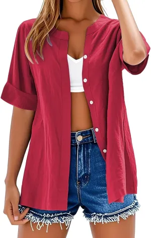 Women's Summer Tops 2025 Trendy Short Sleeve Cotton Linen Shirt Casual Button V Neck Tunic Blouses