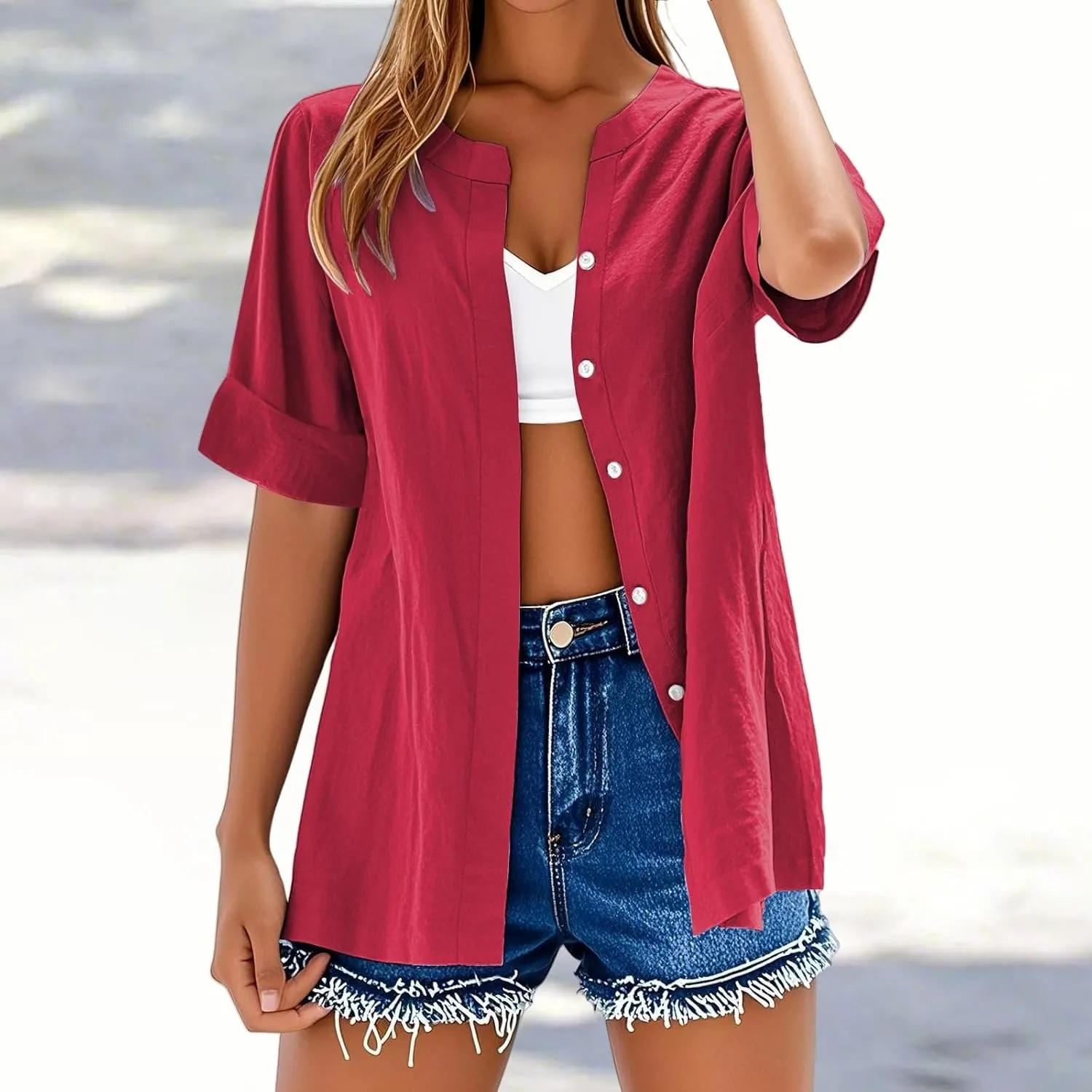 Women's Summer Tops 2025 Trendy Short Sleeve Cotton Linen Shirt Casual Button V Neck Tunic Blouses