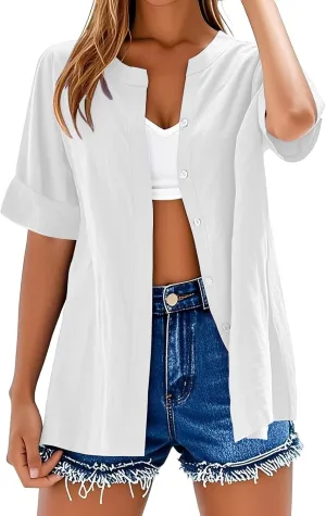 Women's Summer Tops 2025 Trendy Short Sleeve Cotton Linen Shirt Casual Button V Neck Tunic Blouses