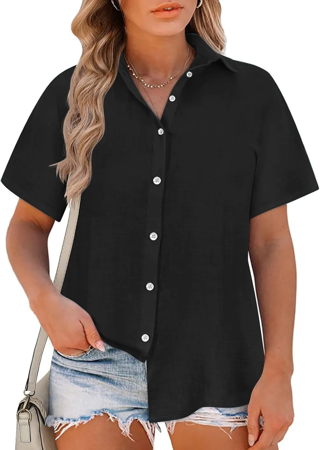Womens Summer Tops Dressy Casual Short Sleeve Button Down Shirt Summer Fashion Solid Cotton Linen Blouse Outfits 2025