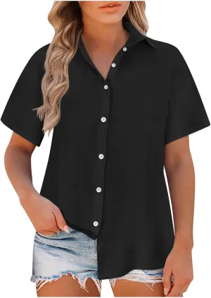 Womens Summer Tops Dressy Casual Short Sleeve Button Down Shirt Summer Fashion Solid Cotton Linen Blouse Outfits 2025