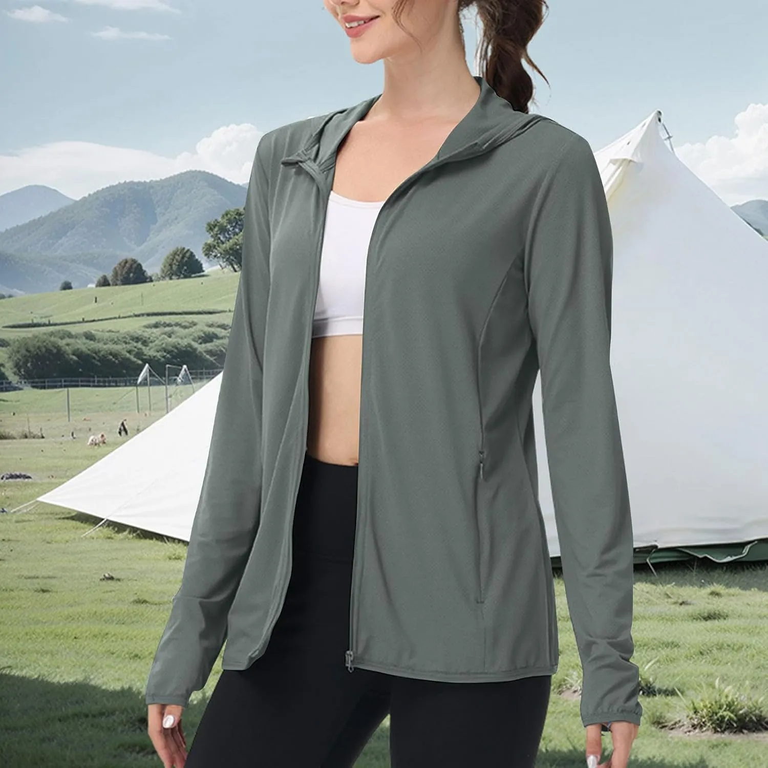 Womens Sun Shirts Full Zip UPF 50  Protection Hoodie Jacket Long Sleeve Hiking Outdoor Lightweight UPF50  Jackets