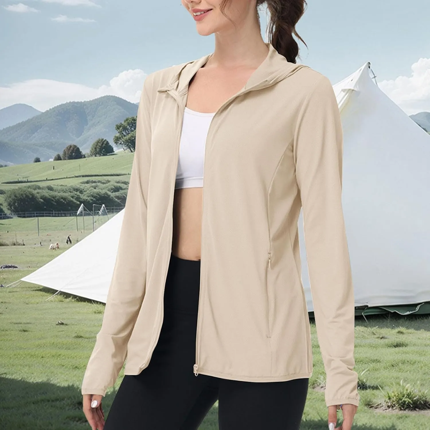 Womens Sun Shirts Full Zip UPF 50  Protection Hoodie Jacket Long Sleeve Hiking Outdoor Lightweight UPF50  Jackets