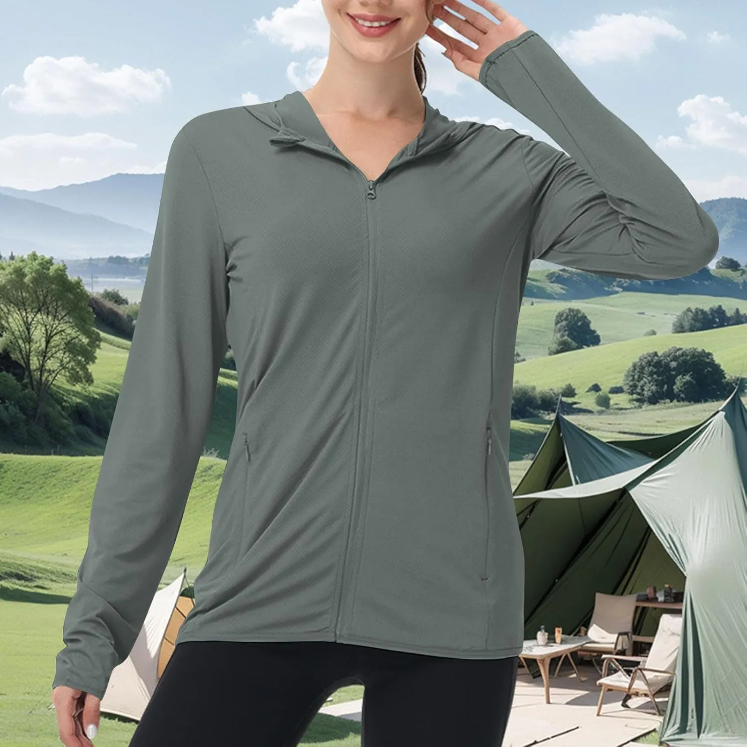 Womens Sun Shirts Full Zip UPF 50  Protection Hoodie Jacket Long Sleeve Hiking Outdoor Lightweight UPF50  Jackets