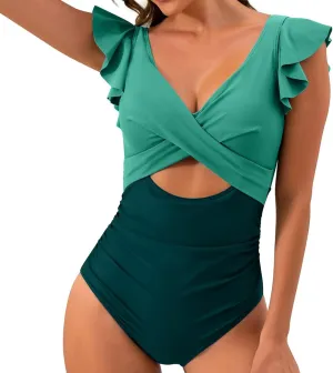 Womens Swimsuits One Piece Tummy Control Bathing Suits Ruffled Sleeves V Neck Swimwear Cutout Slimming Swim Suit