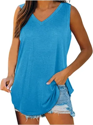 Women's Tank Tops Loose Fit Casual Sleeveless V Neck T Shirts Plus Size Comfy Blouses Trendy Summer Tops