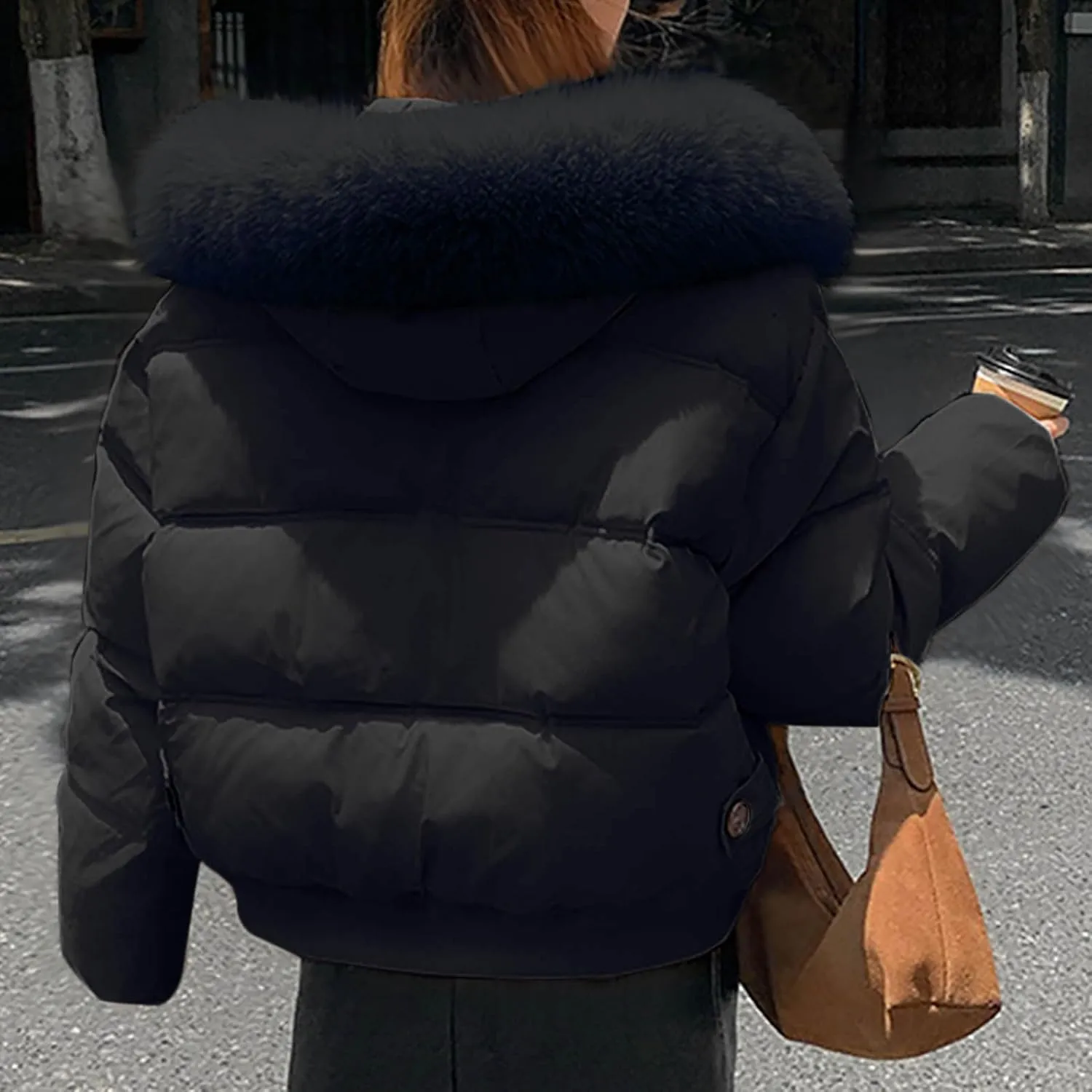 Women's Thickened Down Coat Short Puffer Jacket with Faux Fur Hood Quilted Warm Winter Parka Waterproof Jackets