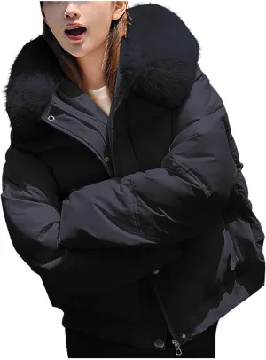 Women's Thickened Down Coat Short Puffer Jacket with Faux Fur Hood Quilted Warm Winter Parka Waterproof Jackets