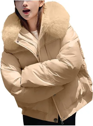 Women's Thickened Down Coat Short Puffer Jacket with Faux Fur Hood Quilted Warm Winter Parka Waterproof Jackets