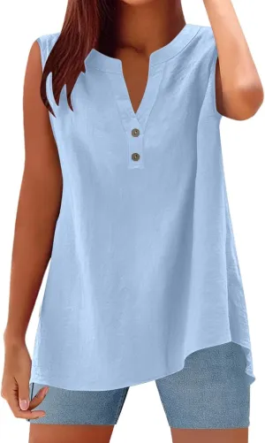 Women's Trendy Button-Down Linen Tunic Tank Tops Cotton Blend Casual Loose V-Neck Camisole for Yoga/Resort Wear