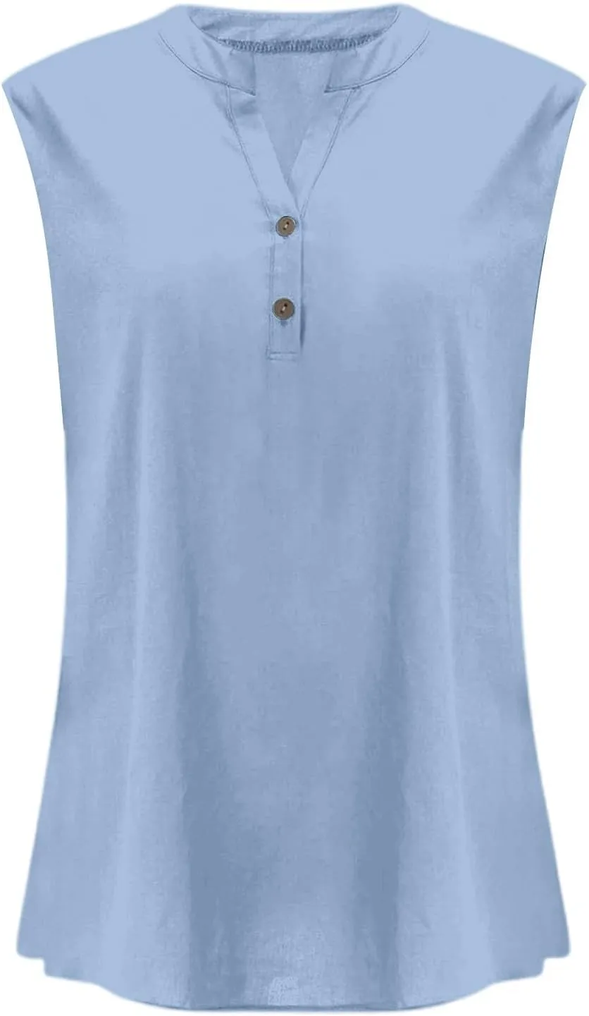 Women's Trendy Button-Down Linen Tunic Tank Tops Cotton Blend Casual Loose V-Neck Camisole for Yoga/Resort Wear