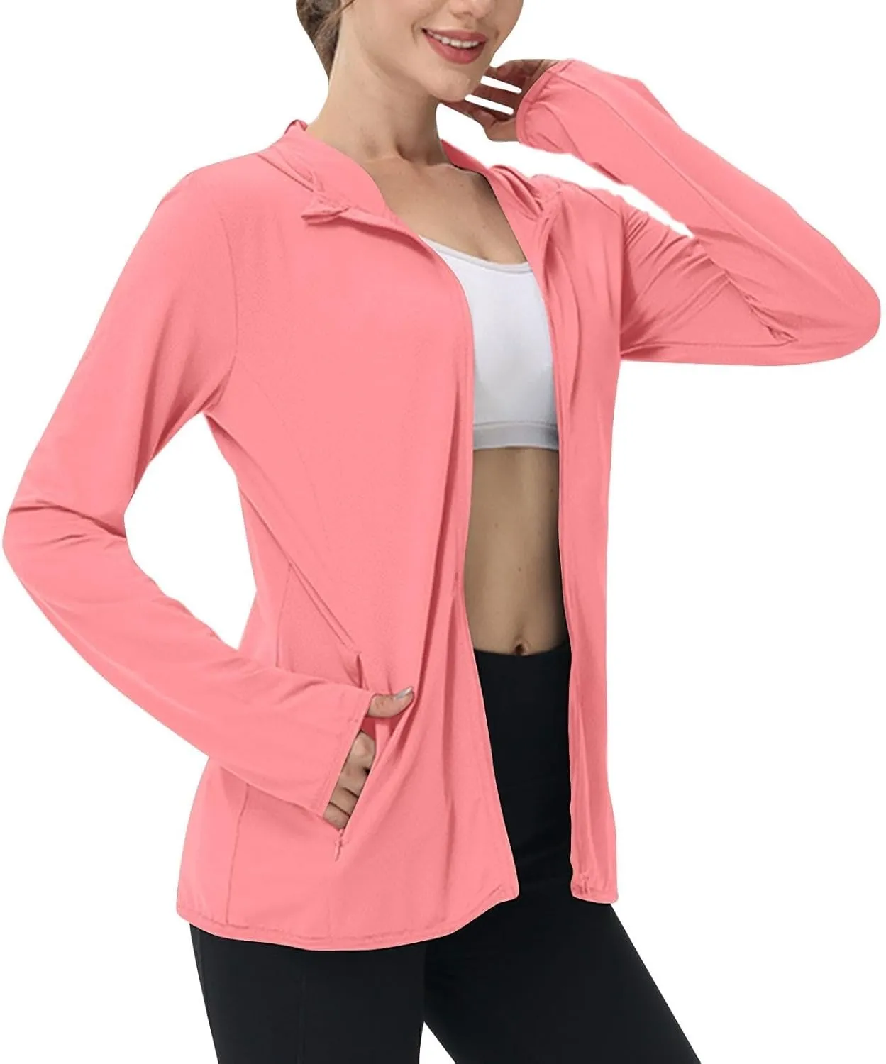 Womens UPF 50  Sun Protection Hoodie Jacket Lightweight Athletic Jacket with Zip Pockets Full Zip Long Sleeve Shirts