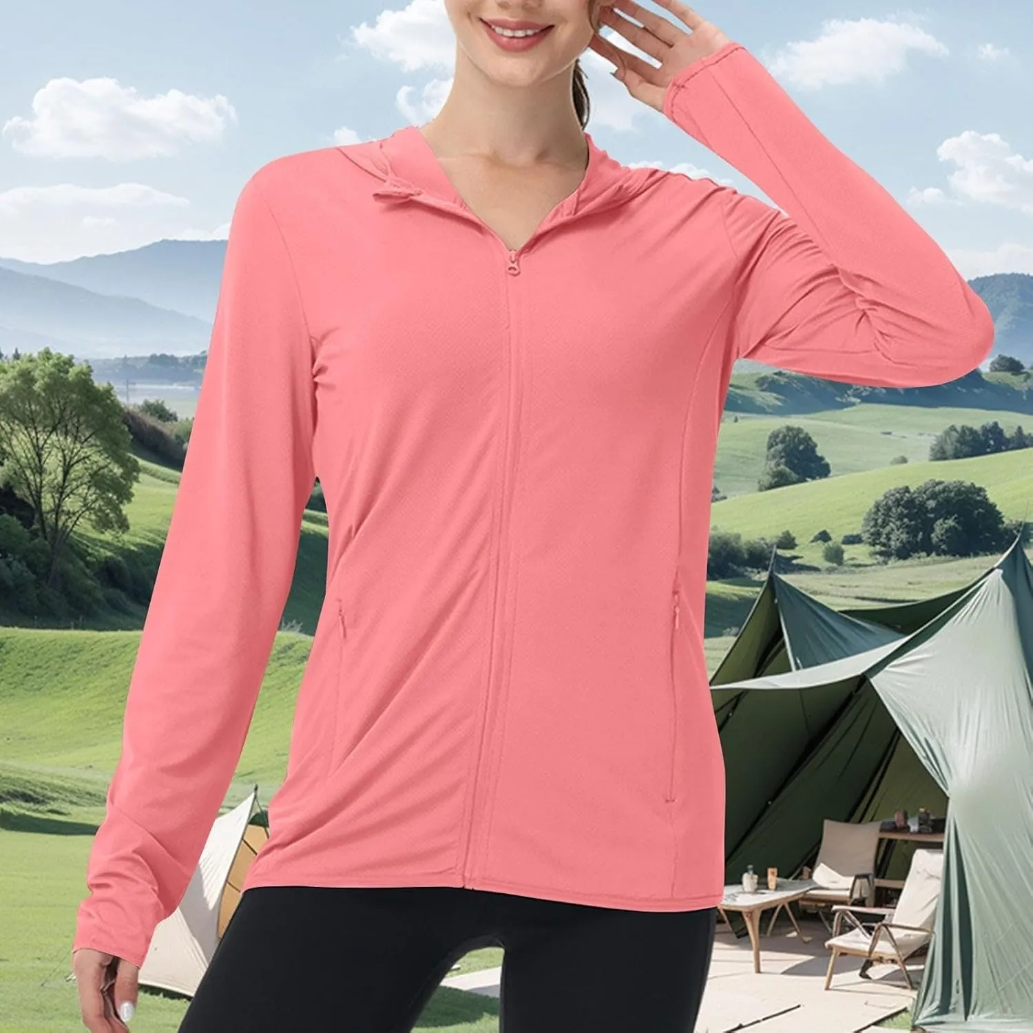 Womens UPF 50  Sun Protection Hoodie Jacket Lightweight Athletic Jacket with Zip Pockets Full Zip Long Sleeve Shirts