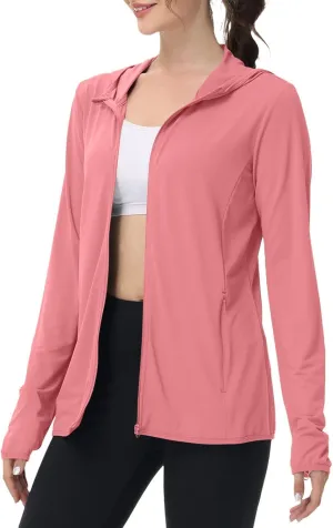 Womens UPF 50  Sun Protection Hoodie Jacket Lightweight Athletic Jacket with Zip Pockets Full Zip Long Sleeve Shirts