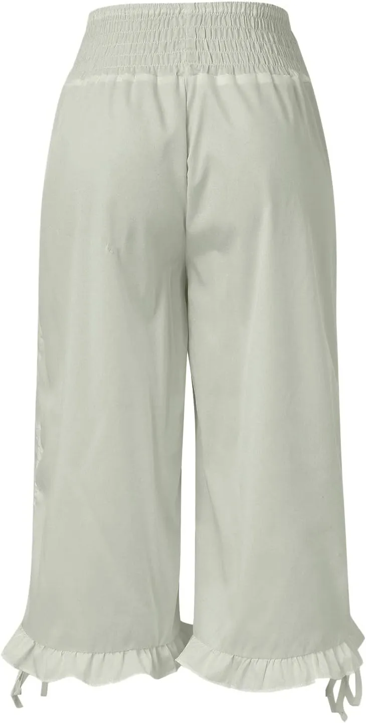 Womens Wide Leg Cropped Trousers Smocked Waist Adjustable Tied Ruffle Hem Boho Capri Pants Plus Size Flowy Gaucho Pants
