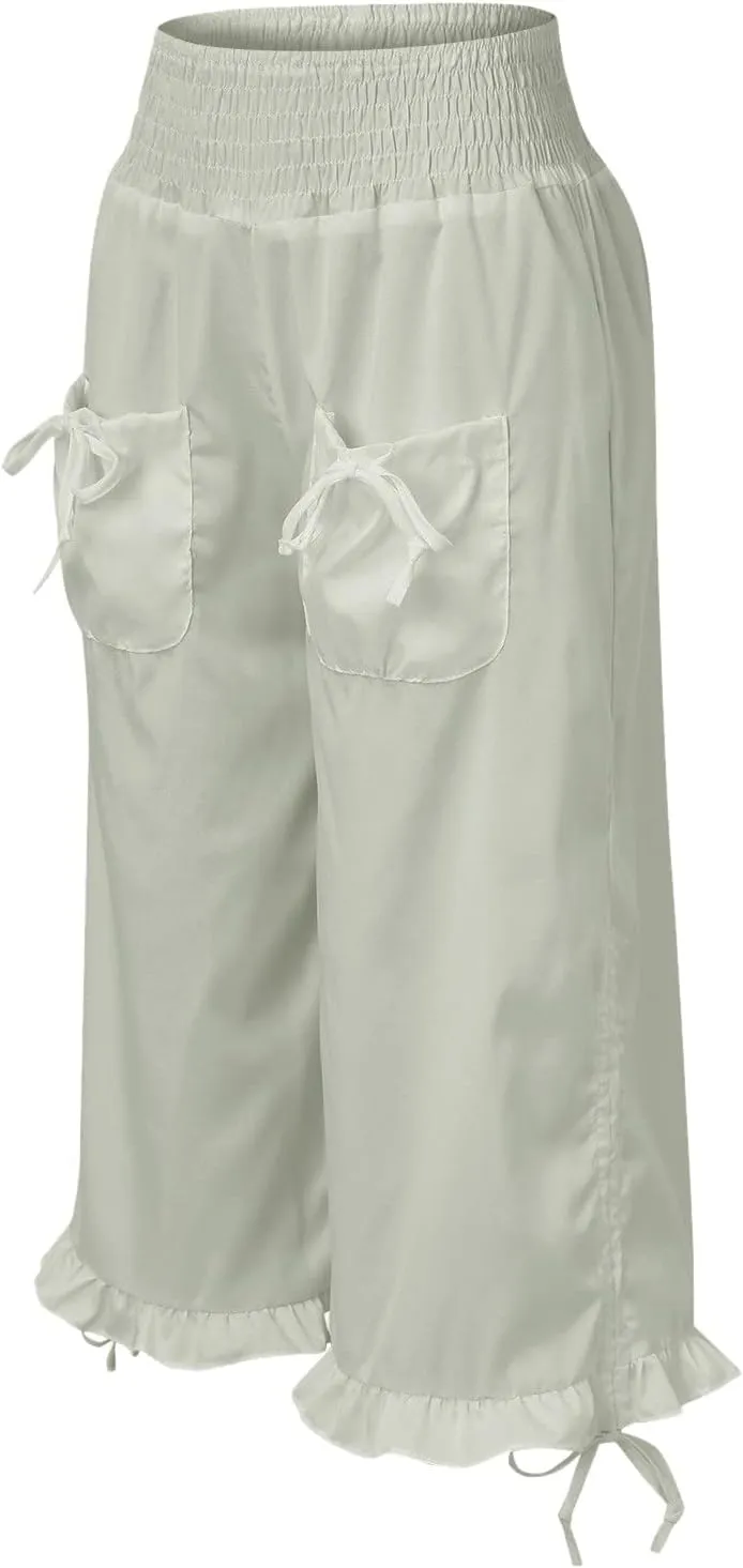 Womens Wide Leg Cropped Trousers Smocked Waist Adjustable Tied Ruffle Hem Boho Capri Pants Plus Size Flowy Gaucho Pants