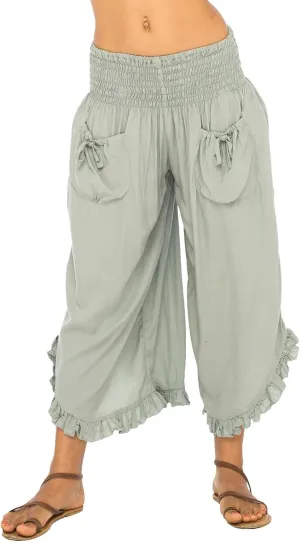 Womens Wide Leg Cropped Trousers Smocked Waist Adjustable Tied Ruffle Hem Boho Capri Pants Plus Size Flowy Gaucho Pants