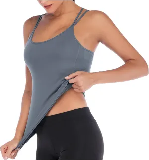 Womens Workout Tank Tops Summer Strappy Back Camisole Sports T Shirts Spaghetti Straps Sleeveless Yoga Athletic Top