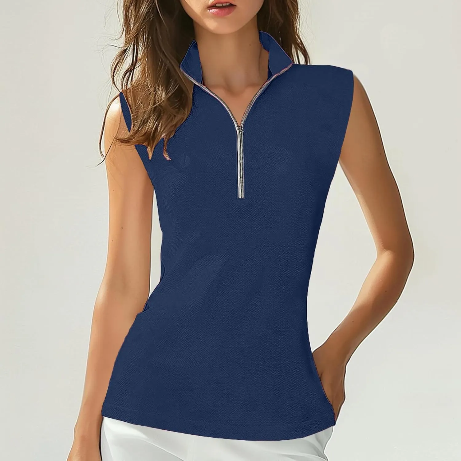 Womens Workout Tops Sleeveless Front Zipper Polo Shirts Athletic Running Yoga Tank Tops Exercise Fitness Gym Clothes
