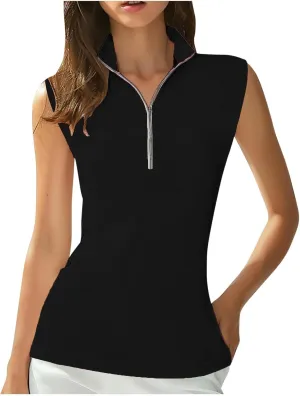 Womens Workout Tops Sleeveless Front Zipper Polo Shirts Athletic Running Yoga Tank Tops Exercise Fitness Gym Clothes