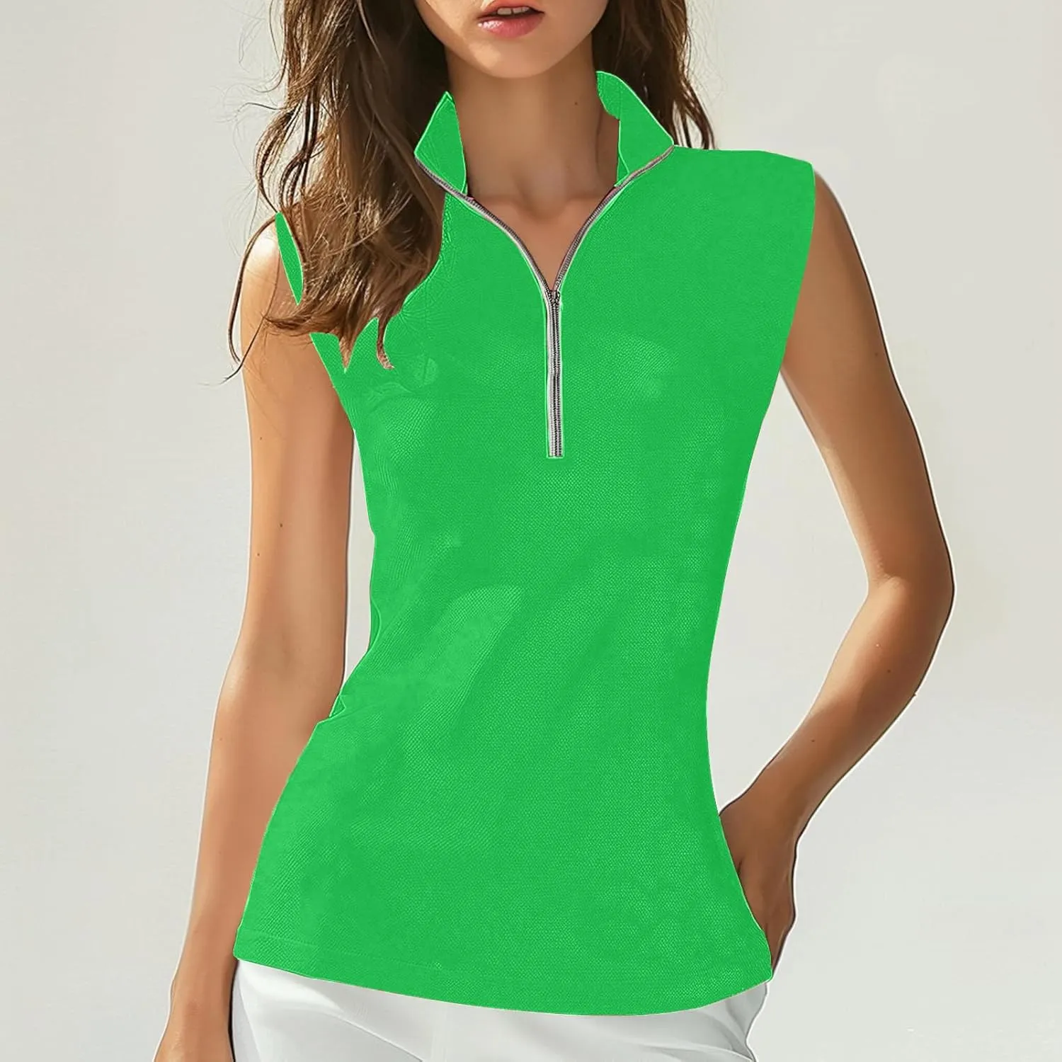 Womens Workout Tops Sleeveless Front Zipper Polo Shirts Athletic Running Yoga Tank Tops Exercise Fitness Gym Clothes