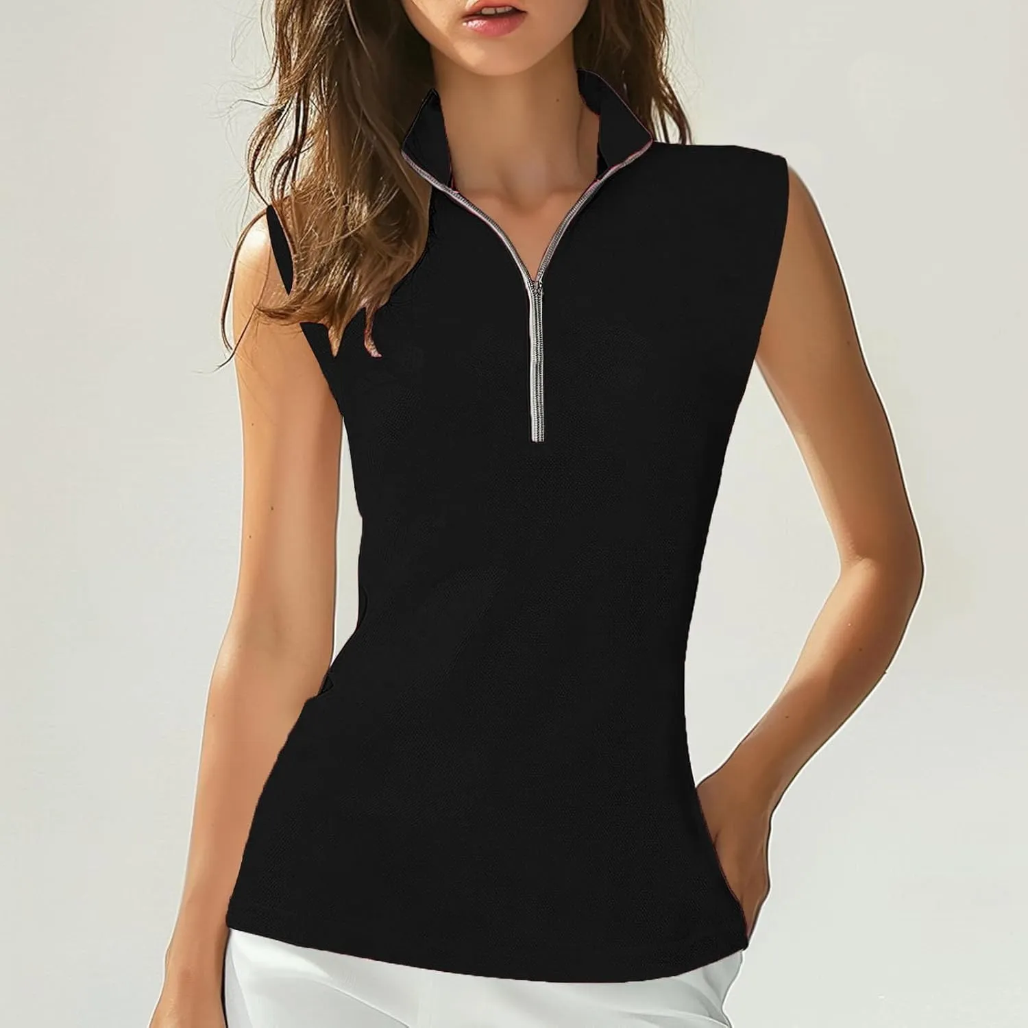 Womens Workout Tops Sleeveless Front Zipper Polo Shirts Athletic Running Yoga Tank Tops Exercise Fitness Gym Clothes