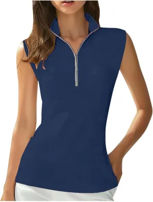 Womens Workout Tops Sleeveless Front Zipper Polo Shirts Athletic Running Yoga Tank Tops Exercise Fitness Gym Clothes