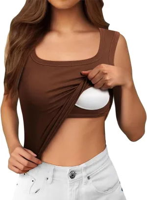 Women's Y2K Square Neck Tanks Built-in Bra Ribbed Yoga Camisoles with Breathable Mesh Gym-to-Street Crop Tops