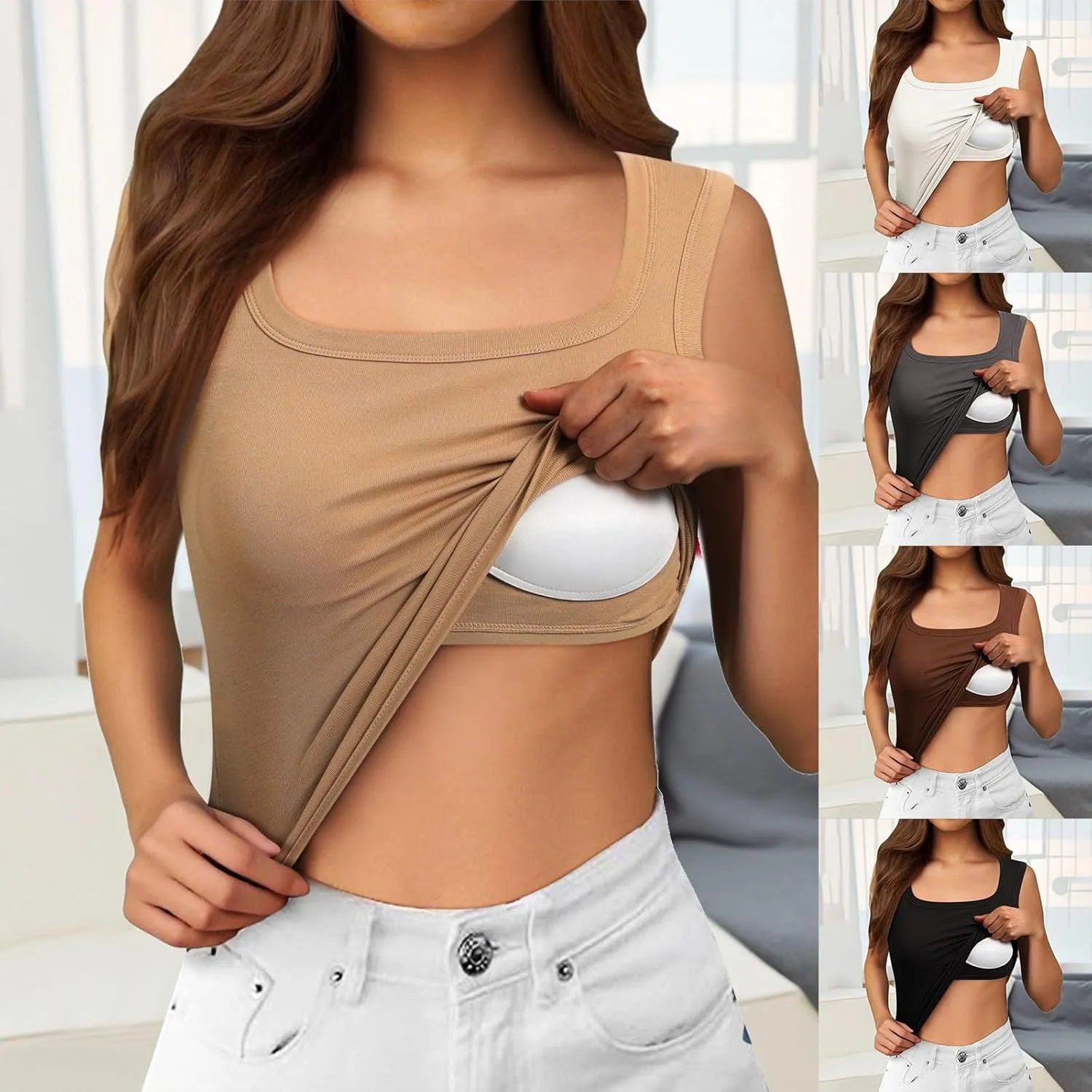 Women's Y2K Square Neck Tanks Built-in Bra Ribbed Yoga Camisoles with Breathable Mesh Gym-to-Street Crop Tops