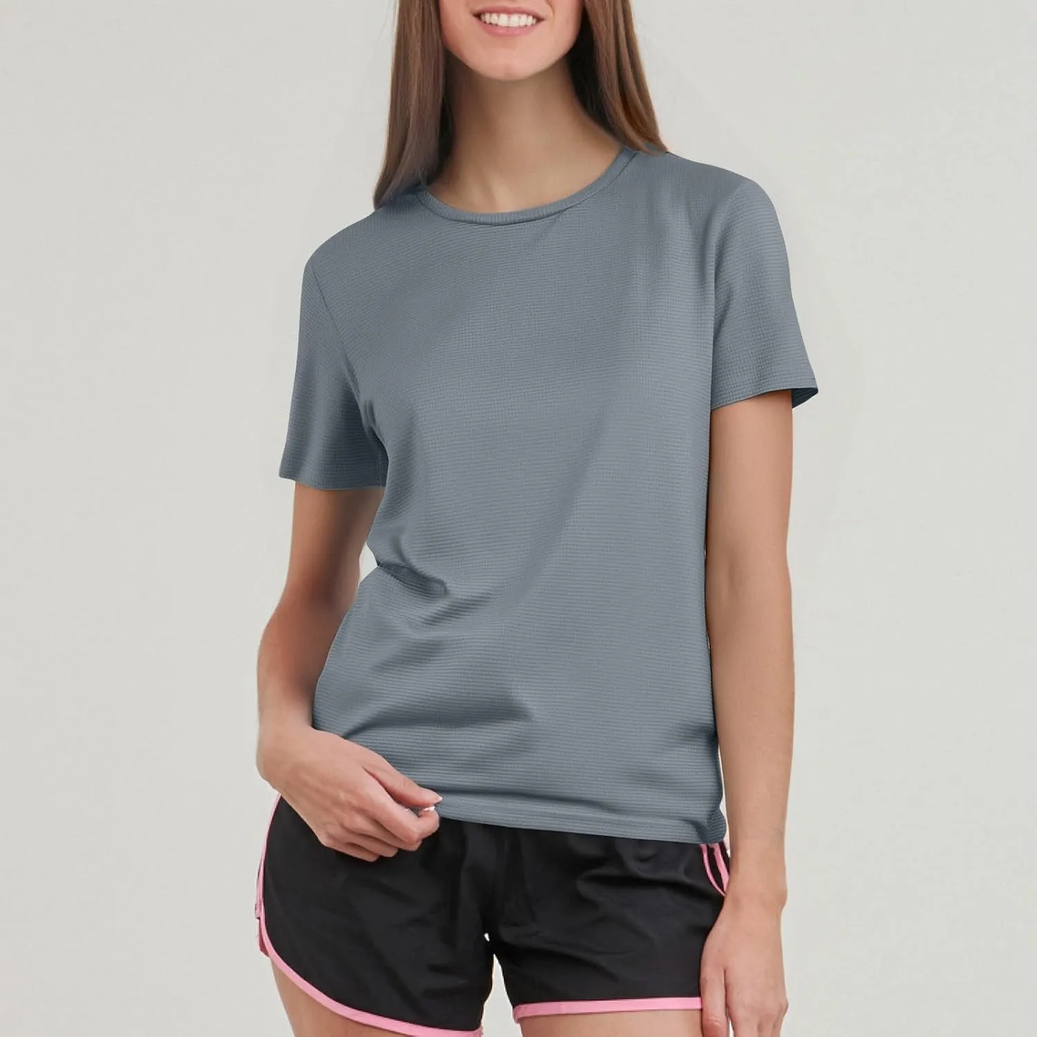 Workout Shirts Women Short Sleeve Crew Neck Plain T Shirts Casual Summer Textured Waffle Knit Tops Hiking Shirts