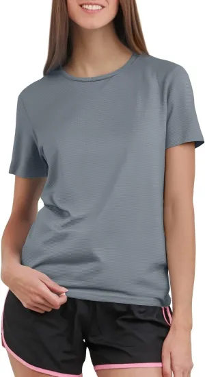 Workout Shirts Women Short Sleeve Crew Neck Plain T Shirts Casual Summer Textured Waffle Knit Tops Hiking Shirts