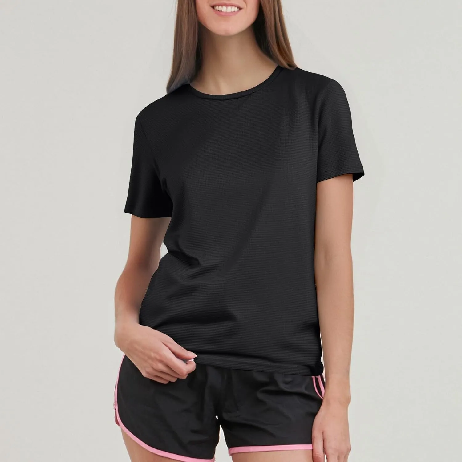 Workout Shirts Women Short Sleeve Crew Neck Plain T Shirts Casual Summer Textured Waffle Knit Tops Hiking Shirts