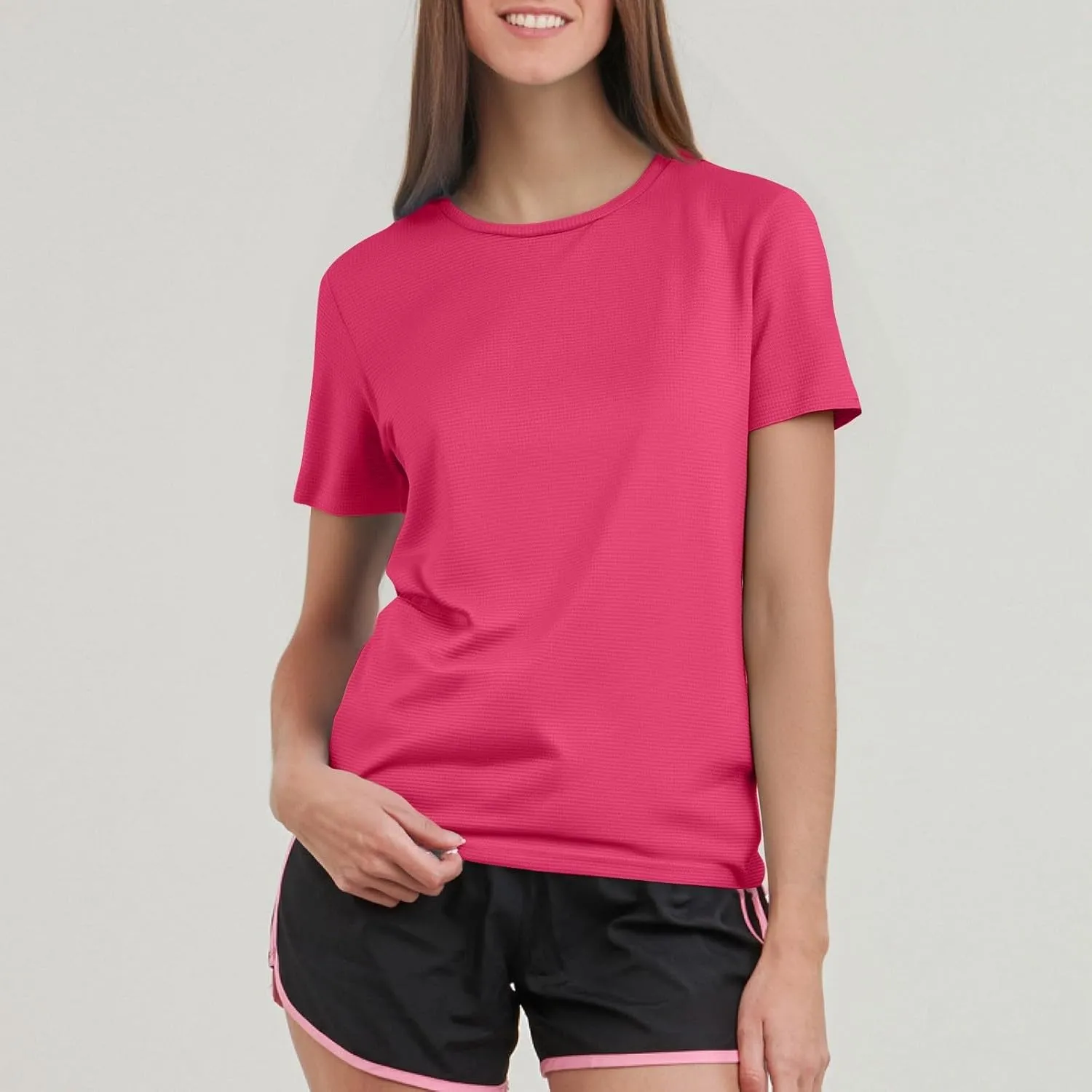 Workout Shirts Women Short Sleeve Crew Neck Plain T Shirts Casual Summer Textured Waffle Knit Tops Hiking Shirts