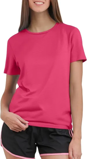 Workout Shirts Women Short Sleeve Crew Neck Plain T Shirts Casual Summer Textured Waffle Knit Tops Hiking Shirts
