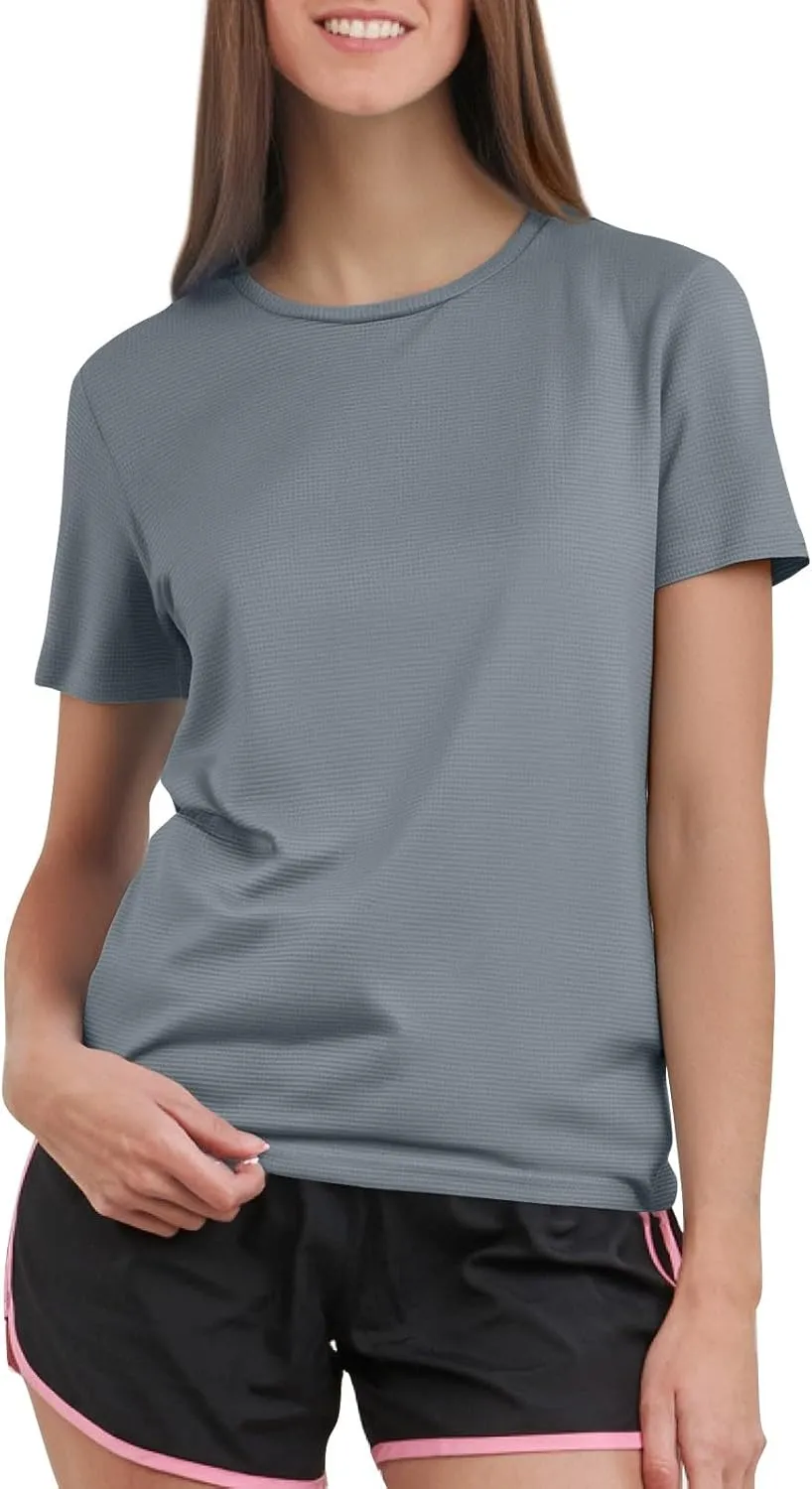 Workout Shirts Women Short Sleeve Crew Neck Plain T Shirts Casual Summer Textured Waffle Knit Tops Hiking Shirts