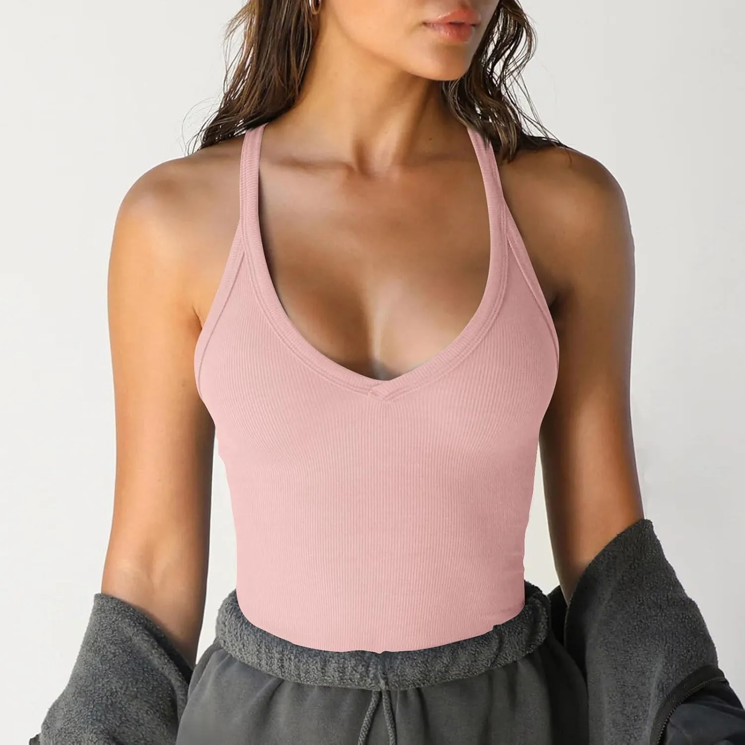 Workout Yoga Tops for Women Racerback Basic Tank Summer Spaghetti Strap Camisole V Neck Slim Fit Ribbed Sleeveless