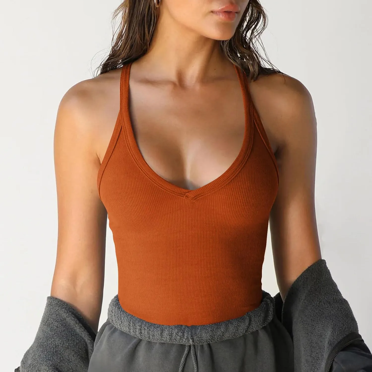 Workout Yoga Tops for Women Racerback Basic Tank Summer Spaghetti Strap Camisole V Neck Slim Fit Ribbed Sleeveless