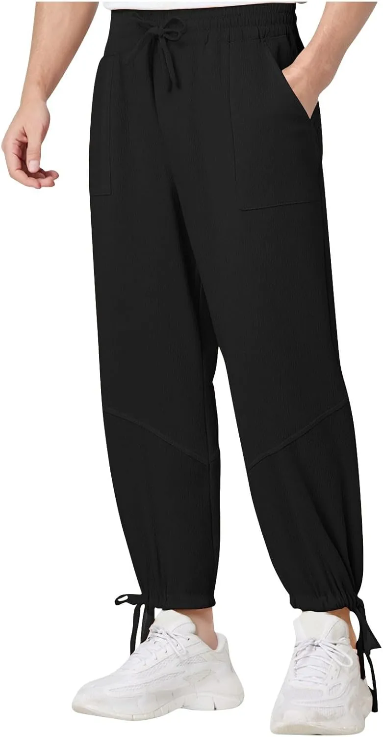 Xiaojmake Mens Capri Pants Drawstring Linen Harem Pants Casual Lounge Baggy Ankle Beach Travel Vacation Joggers with Pockets