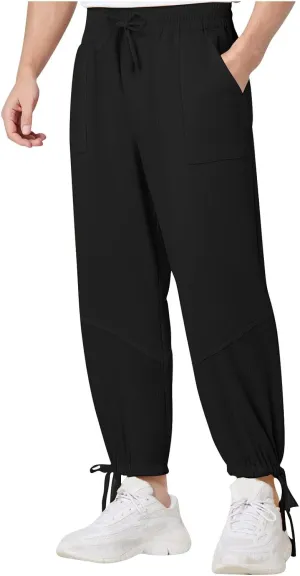 Xiaojmake Mens Capri Pants Drawstring Linen Harem Pants Casual Lounge Baggy Ankle Beach Travel Vacation Joggers with Pockets