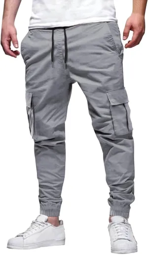 Xiaojmake Mens Cargo Pants Slim Casual Cotton Tapered Stretch Twill Drawstring Bottom Athletic Jogger Sweatpants with Pockets