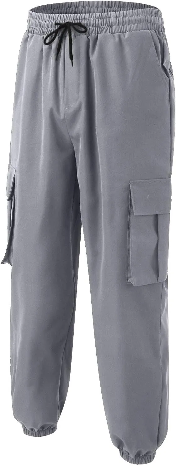 Xiaojmake Mens Cargo Pants Slim Casual Cotton Tapered Stretch Twill Drawstring Bottom Athletic Jogger Sweatpants with Pockets