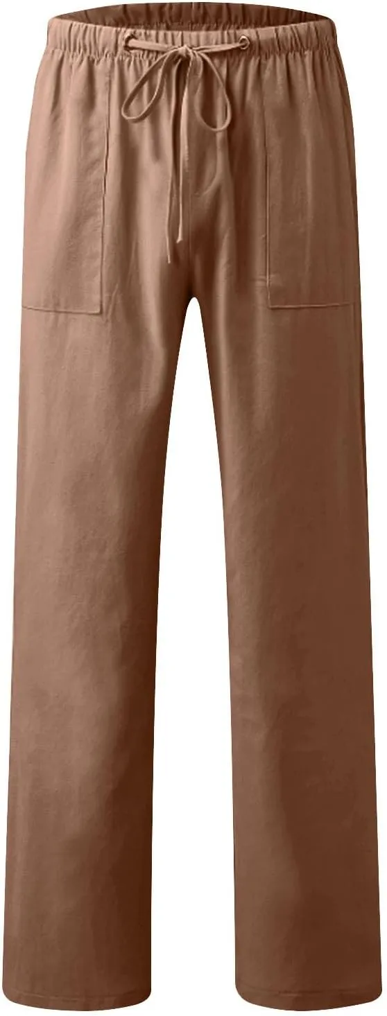 Xiaojmake Mens Cropped Elastic Waist Linen Pants Comfy Drawstring Slim with Pockets Daily Capris Pant Fashion Crop Trousers