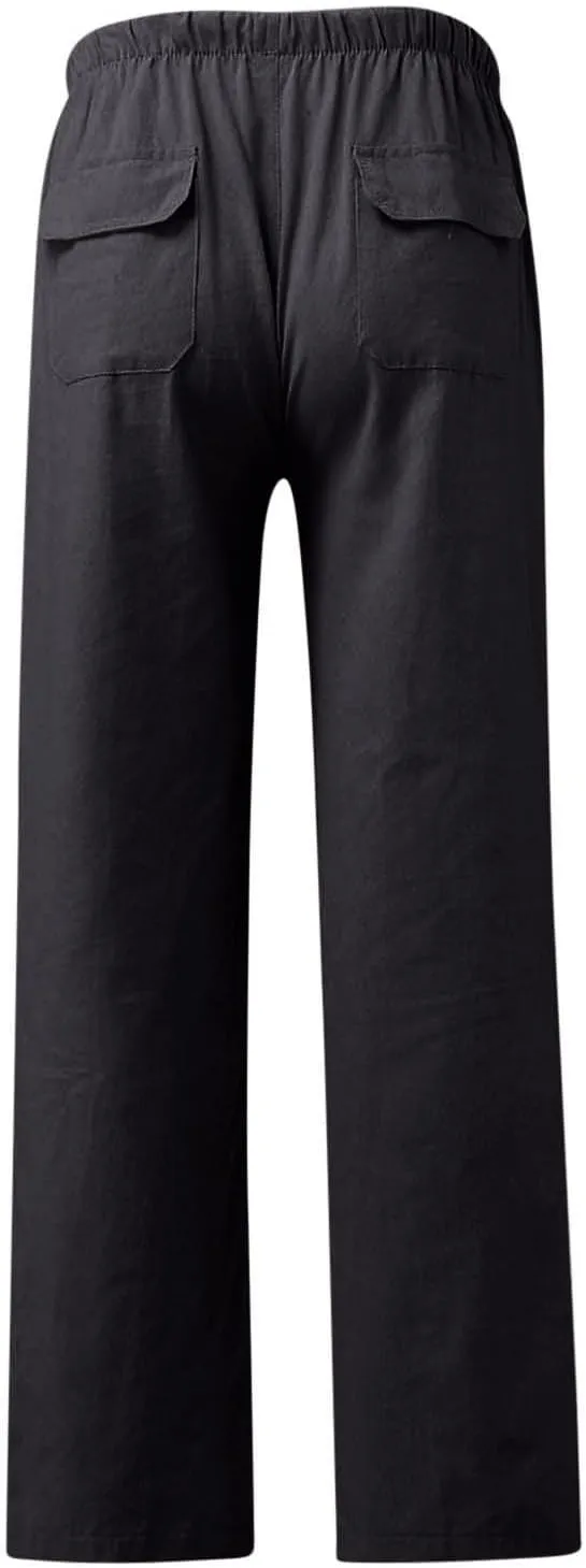 Xiaojmake Mens Cropped Elastic Waist Linen Pants Comfy Drawstring Slim with Pockets Daily Capris Pant Fashion Crop Trousers