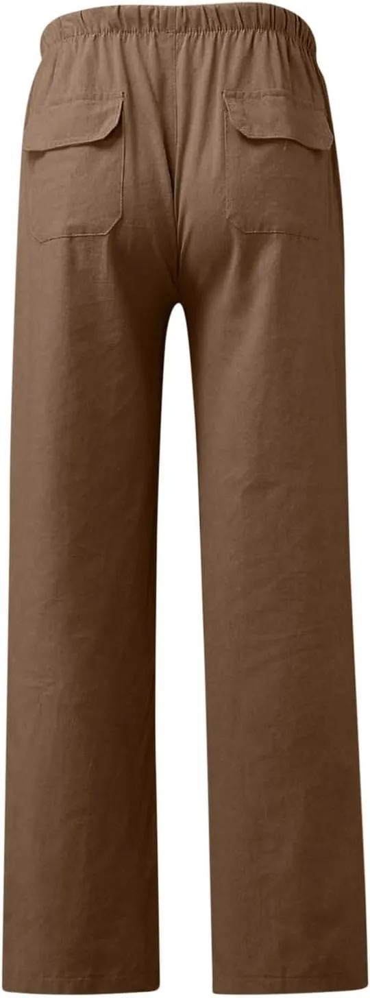 Xiaojmake Mens Cropped Elastic Waist Linen Pants Comfy Drawstring Slim with Pockets Daily Capris Pant Fashion Crop Trousers