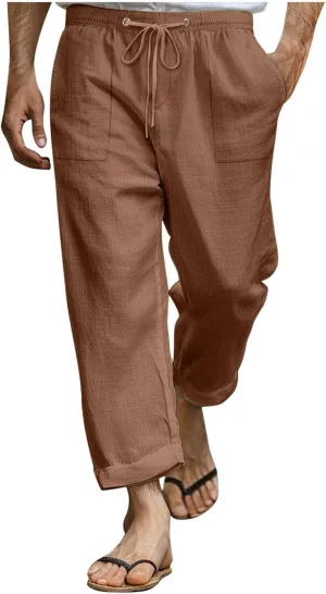 Xiaojmake Mens Cropped Elastic Waist Linen Pants Comfy Drawstring Slim with Pockets Daily Capris Pant Fashion Crop Trousers