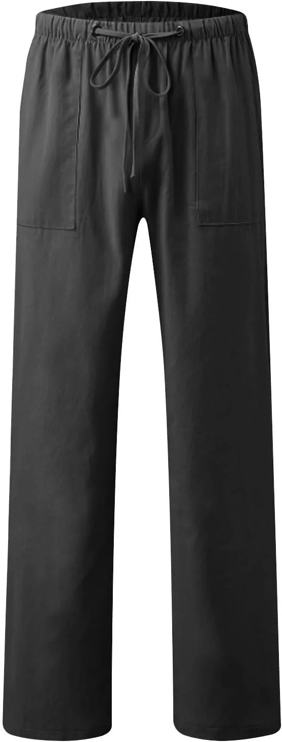 Xiaojmake Mens Cropped Elastic Waist Linen Pants Comfy Drawstring Slim with Pockets Daily Capris Pant Fashion Crop Trousers