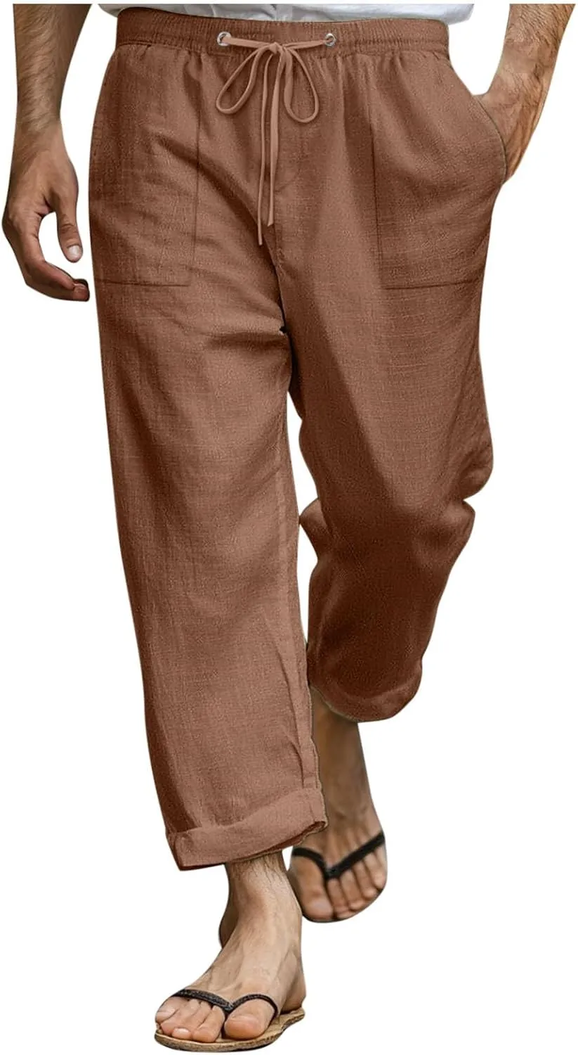 Xiaojmake Mens Cropped Elastic Waist Linen Pants Comfy Drawstring Slim with Pockets Daily Capris Pant Fashion Crop Trousers