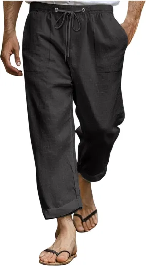 Xiaojmake Mens Cropped Elastic Waist Linen Pants Comfy Drawstring Slim with Pockets Daily Capris Pant Fashion Crop Trousers