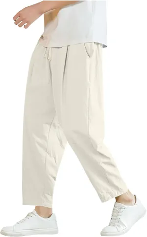 Xiaojmake Mens Harem 3/4 Length Capri Pants Solid Baggy Cotton Linen Drawstring Waisted Cropped Lounge Trousers with Pockets